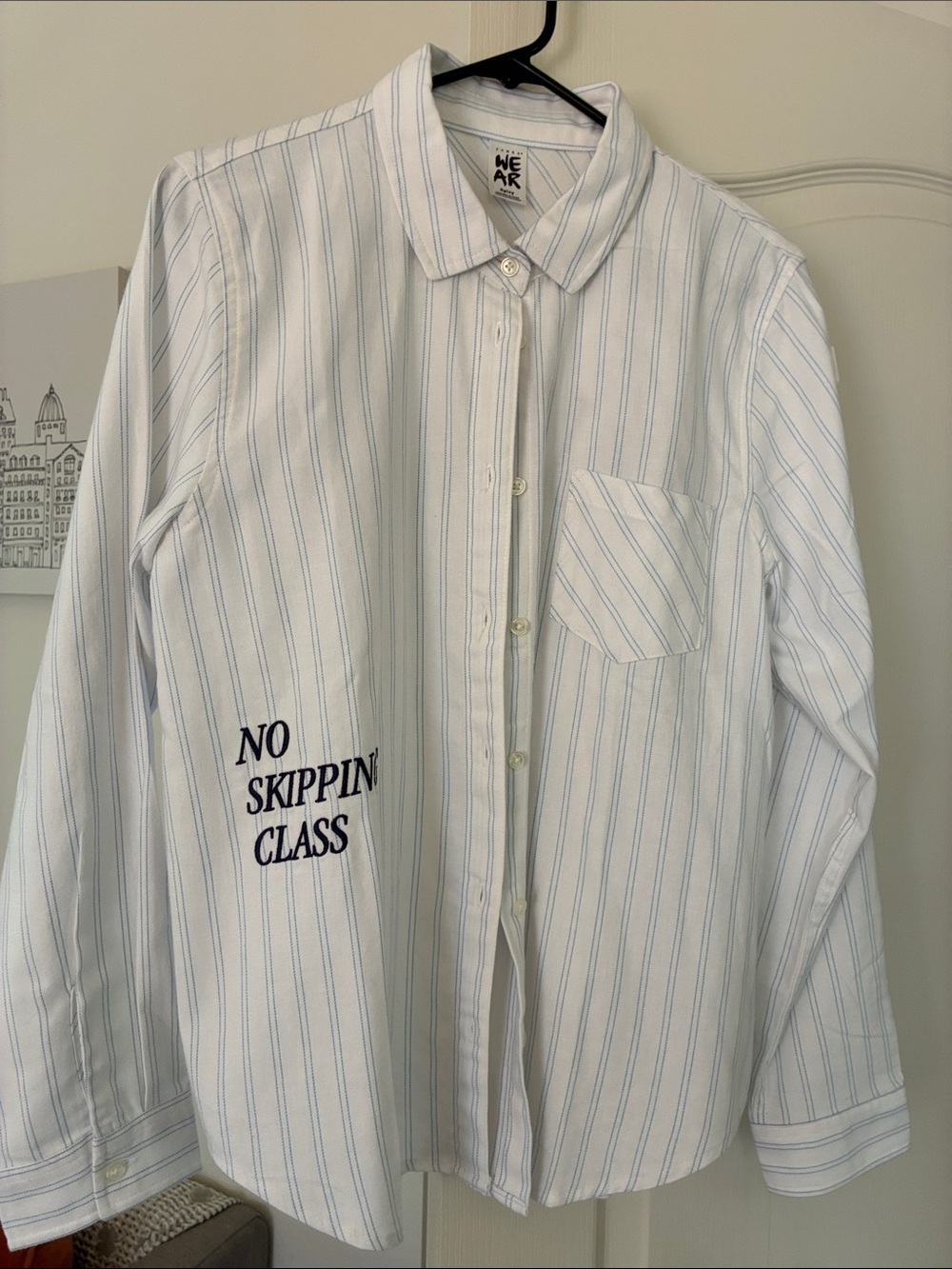 NWT Zumba Fitness White Shirt with Light Blue Pinstripes